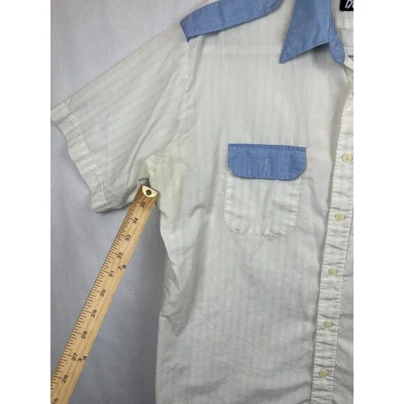 Vintage Blair Shirt Mens Button Up SS Shoulder Tabs White Blue Pockets (Stained) - Picture 6 of 11